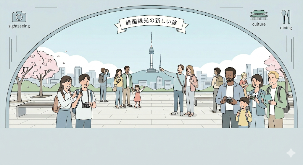 訪韓外国人数の5年推移|韓国観光の新しい旅・多国籍の観光客がソウルを訪れるイメージイラスト