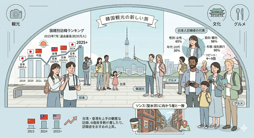訪韓外国人の国籍別ランキング変化|日本人訪韓の推移グラフと日本人観光客の特徴(女性65%・20代30%・観光98%・個別旅行90%)インフォグラフィック