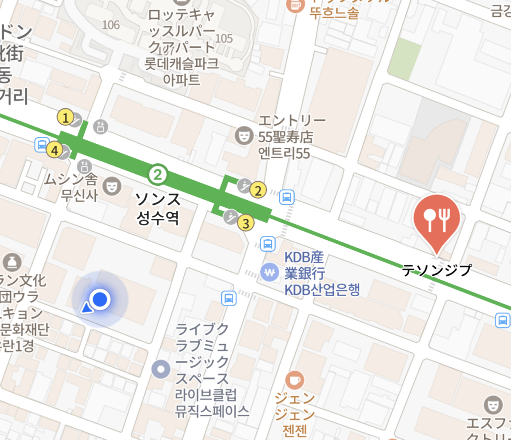 聖水洞 大成家 グルメへのアクセス、聖水駅近くの場所を示す地図