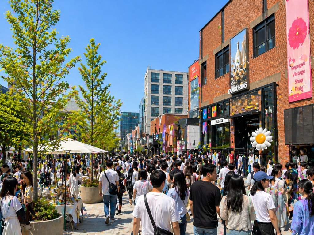 ゴールデンウィーク韓国旅行におすすめの聖水エリア メインストリートに多くの人が行き交う春の街並み