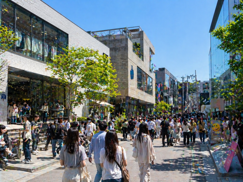 5月のソウル聖水エリア 快晴の青空のもと賑わうショッピングストリートと2026年GWの天気予報