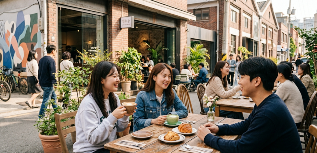 韓国ソウル聖水洞(ソンス)カフェ通りでテラス席に座りコーヒーを楽しむ人々 廃工場をリノベーションしたおしゃれカフェが並ぶ韓国旅行人気エリア