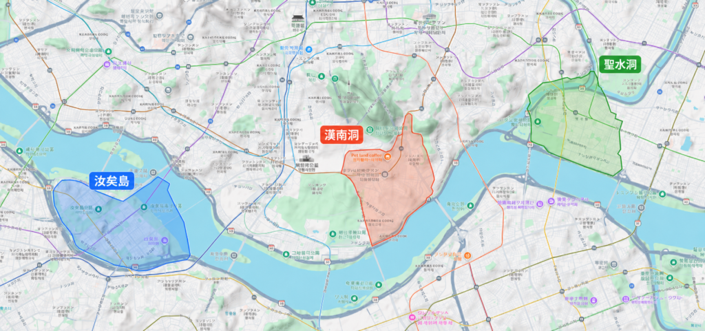 2026年ソウル観光の主要3エリア「聖水洞・漢南洞・汝矣島」の位置を示した地図 各エリアの特徴比較